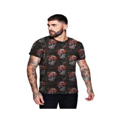 Camiseta Florida com Caveiras Floral Skull Masculina - Di Nuevo, Preto