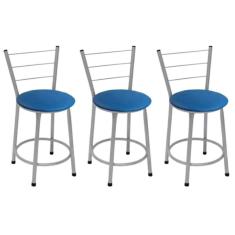 Kit 3 Banquetas Baixas Prata com Encosto Assento Azul