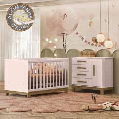 Quarto de Bebê Qencanto Slim com Cômoda 4355 e Berço 4315 Qmovi Rosa Acetinado + Colchão Gazin