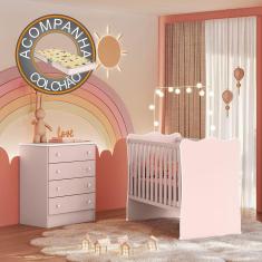 Quarto de Bebê Doce Sonho com Cômoda 777 e Berço Simples 1 Qmovi Rosa Acetinado + Colchão Gazin
