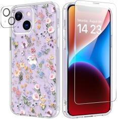 bicol Capa para iPhone 14 com protetor de tela e lente de câmera - Designs florais de flores elegantes para mulheres e meninas - Capa de telefone transparente de acrílico à prova de choque de 6,1