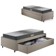 Cama Box Solteiro com Gaveta 88x188 cm Revestida em Linho Bege com Colchão Dual Firm Ecoflex