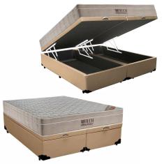 Cama Box Baú King Sintético Bipartido + Colchão Ortobom Airtech Molas Ensacadas 65x193x203 Cor: bege