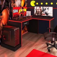 Mesa Gamer De Canto Com Gaveta Wayra Preto Vermelho