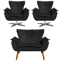 Kit Namoradeira E 2 Poltronas Giratórias Cromada Opla Suede Preto - Ibiza