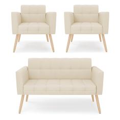 Kit 1 Sofá Namoradeira e 2 Poltronas Elisa Linho Bege A19 Pés Palito Natural D03 - D'Rossi