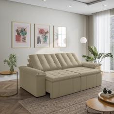 Sofá Cama Retrátil e Reclinável 3 Lugares 260cm em Veludo com Molas Palmeira Cabecasa Madeiramadeira Bege