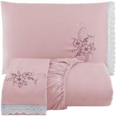 Jogo de Lençol Queen Cama Box Casal Bordado 03 Pçs - Tapetemalha Enxov