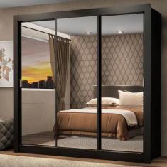 Guarda Roupa Casal Madesa Mônaco 3 Portas de Correr de Espelho, Preto