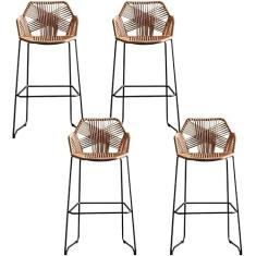Banqueta de bar de vime de vime de vime com apoio para os pés e encosto, banco de bar alto estilo simples com base de metal preto, para cozinha, pub, café, balcão, casa, cadeira de jantar de vime, 4
