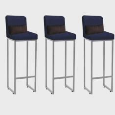 Kit 03 Banqueta Alta com Encosto Lucca Industrial Cozinha Balcão Ferro Cinza Suede Azul Marinho e Almofada Marrom - Ahazzo Móveis