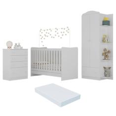 Quarto Infantil Completo João e Maria com berço 4 em 1 + colchão Multimóveis + Roupeiro e cômoda Branco
