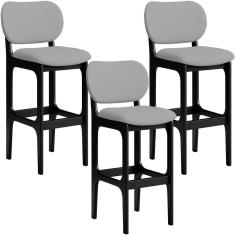 Kit 03 Banquetas Alta Para Cozinha Madeira Fixa Betta L02 Preto Facto Cinza