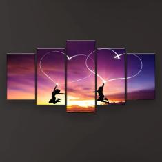 Quadro Decorativo Coração Céu Roxo 5pc 129x61 Sala Quarto