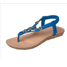 Sandália feminina de praia Boêmia, com tira no tornozelo e contas, sandálias Gaorui, Azul, 6.5