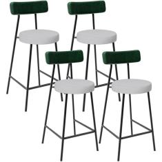 Kit 04 Banquetas Baixa Bar Cozinha E Sala De Jantar Milão L02 Facto Verde Linho Cinza - Lyam Decor