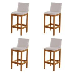 Kit 4 Banquetas Alta Pérola com Encosto Estofado Linho Bege Madeira Maciça Castanho
