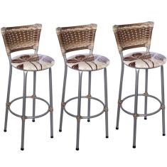 Kit 3 Banquetas Altas Prata com Encosto Junco Capuccino Assento Floral Marrom