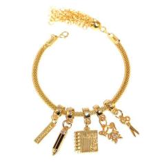 Pulseira Berloques Caderno Lápis Pedagogia Folheado Ouro 18k - Milena 