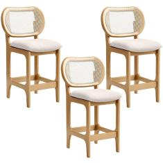 Kit 3 Banquetas Baixa Bar Cozinha Sala De Jantar Betta L02 Mel Tela Linho Cru - Lyam Decor