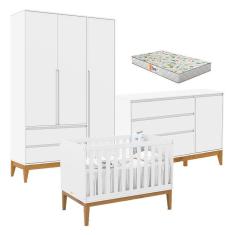 Quarto De Bebê Nature Clean 3 Portas Com Berço Unique Branco Soft Eco Wood E Colchão Gazin - Matic