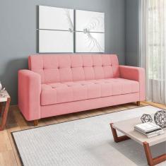 Sofá 03 Lugares Arezzo Suede Rosê Pés Chanfrado Castanho D01 - D'Rossi