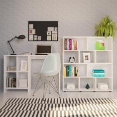 Conjunto Home Office 2 Peças 1 Escrivaninha 4 Nichos e 1 Estante para Livro 10 Nichos Artely Branco