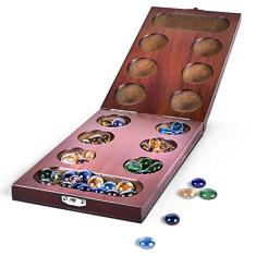RNK Gaming Mancala Jogo de Tabuleiro com Tabuleiro de Madeira Dobrável e Contas de Vidro Coloridas
