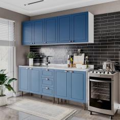 Cozinha Pérola com Rodapé 4 Peças Aéreos com 5 Portas, Balcão 2 Gavetas 3 Portas e Balcão 2 Portas Y Branco/Azul