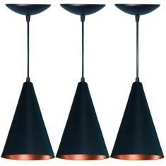 Kit 03 Pendentes Cone em Alumínio Preto Fosco e Cobre - Estillo & luz