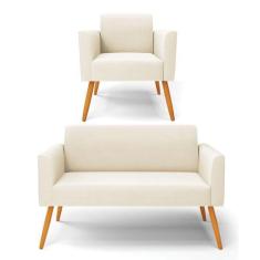 Sofá Namoradeira Com Poltrona Pés Palito Castanho Marisa Veludo D03 - 