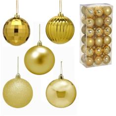 Conjunto 18 Bolas Arvore Natal 6cm Brilhante Fosco Glitter Relevo Enfeite Natalino Premium Dourado