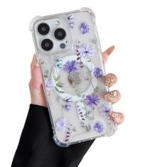 DEFBSC Capa magnética para iPhone 16 Pro Work with Magsafe, design de estampa floral transparente com estampa de acrílico flexível à prova de choque para mulheres e meninas, capa protetora de flores,