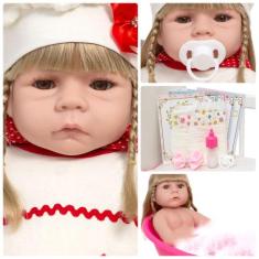 Boneca Reborn Loira Corpo de Silicone Pode Dar Banho + Itens - Cegonha