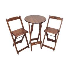 Mesa Bistrô Dobrável de Madeira Redonda com 2 Banquetas Imbuia 