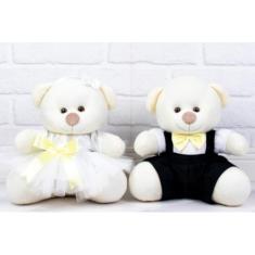 Casal Ursos Tedde Pajem Preto, Daminha Branca - Pelúcia Palha 18 cm (Pajem Preto, Daminha Branca, detalhes amarelo - Pelúcia Palha)
