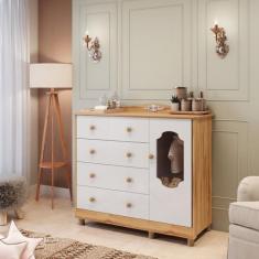 Cômoda 1 Porta 4 Gavetas MDF Noah Móveis Peroba, Branco Brilho/Amendoa