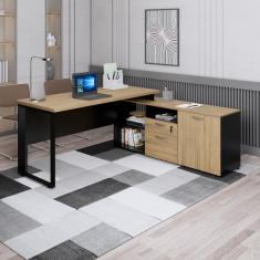 Mesa Para Escritório Em L  Com Armário Lateral Pé Quadro 170x