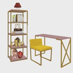 Kit Escritório Bex 1 Cadeira Suede Amarelo com 1 Mesa e 1 Livreiro Ferro Dourado mdf Rose Rosa - Ahazzo Móveis