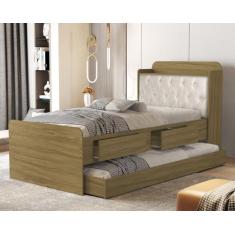 Cama Solteiro Tamires Capitone Com Gavetas Bau e Cama Auxiliar Design 