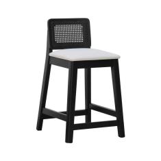 Banqueta Média Gabi Madeira Maciça Telinha - Preto Assento Estofado Linho Bege