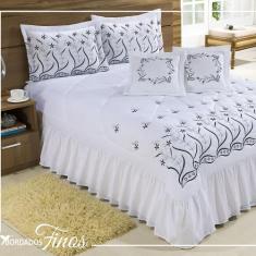 Kit Cobre Leito Casal King Desejos 07 Peças Bordado - Branco com preto