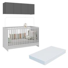 Berço 3 em 1 com Colchão e Armário Aéreo 4 portas Multimóveis Mp4149 Branco/grafite