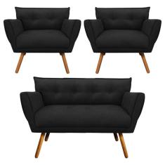 Kit 01 Namoradeira e 02 Poltronas Anitta Suede Pés Palito