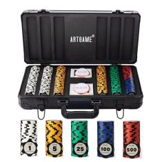 ARTGAME 14 Gram Clay Poker Chip Set for Texas Hold’em, 300Pcs Casino Style Chips, with K-Type Aluminum Case and Dealer Buttons.