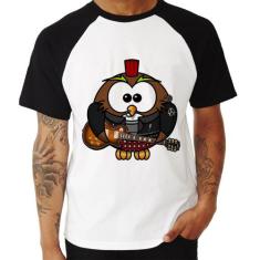 Camiseta Raglan Coruja Rock Guitarra - Foca na Moda, Branco, Preto, GG