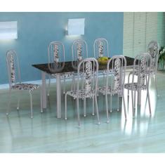 Conjunto de Mesa Cordoba com 8 Cadeiras Granada Branco Prata e Branco Floral