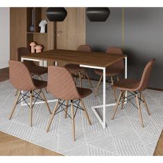 Mesa Industrial Retangular Amêndoa Base V Aço Branco 137x90cm 6 Cadeiras Madeira Estofadas Caramelo