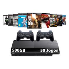 Sony Playstation 3 Super Slim 500gb Standard + 2 Controles + 50 Jogos + Pes2024 + Minecraft + Gta PlayStation 3