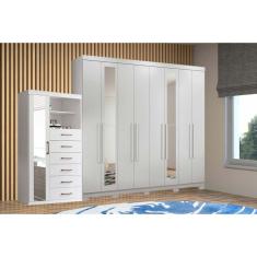 Guarda Roupa 2 Peças Casal Qc144 8 Portas de Bater 4 Gavetas Mdp com Espelho e Pés Branco